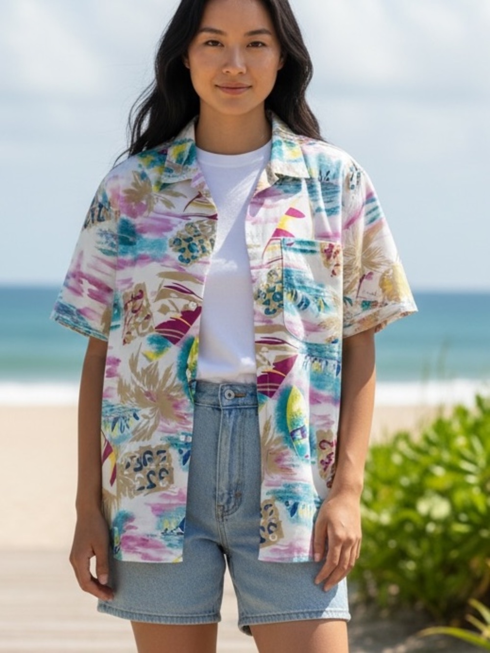 Pykettes Vintage Tropical Beach theme Short Sleeve button down shirt Size M